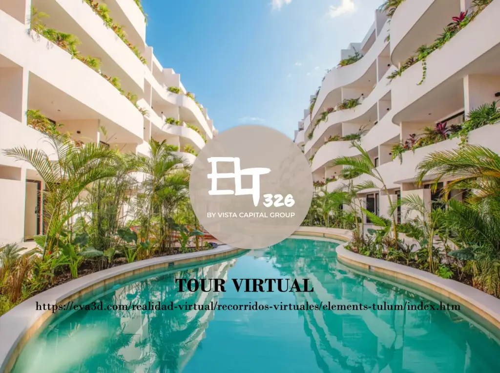 Tour Virtual. Elements 326 in Tulum , Quintan Roo, México. Development pre-sale by The Coral Properties. Logo over green plants.