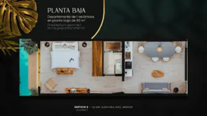 Typologie Ground Floor 60 square meters, KALY in Tulum. Development pre sale by The Coral Properties