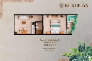 Typologie 50.6 square meters, KUKULCAN in Tulum. Development pre sale by The Coral Properties