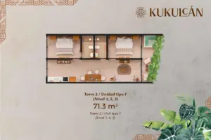 Typologie 71.3 square meters, KUKULCAN in Tulum. Development pre sale by The Coral Properties