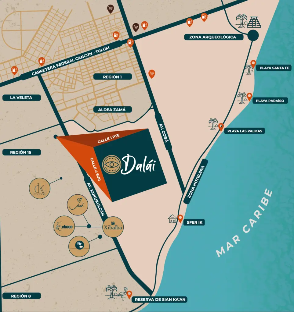 Dalai in Tulum , Location Map, Quintan Roo, México. Development pre-sale by The Coral Properties. Logo over green plants.