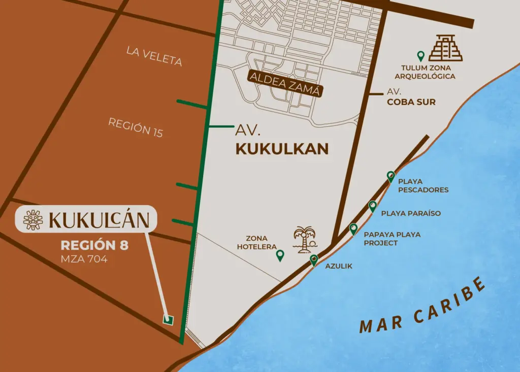 KUKULCAN development LOCATION MAP in Tulum , Quintan Roo, México. Development pre-sale by The Coral Properties.
