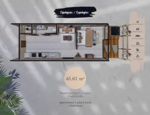 Typologie 45.61 square meters, Elements 326 in Tulum. Development pre sale by The Coral Properties