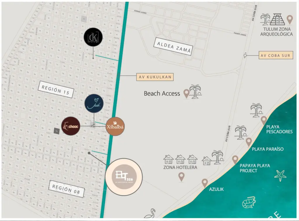 Location Map of Elements 326 in Tulum , Quintan Roo, México. Development pre-sale by The Coral Properties. With Beach access.