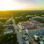 Elements 326 in Tulum , Quintan Roo, México. Development pre-sale by The Coral Properties. Aerial view at sunset.