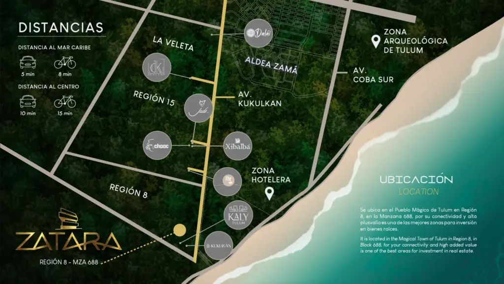 ZATARA in Tulum , Location Map, Quintan Roo, México. Development pre-sale by The Coral Properties. Logo over green plants.